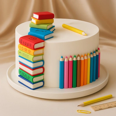 School Day Surprise Cake with Creative Book and Pencil Design - Vanilla
