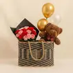 Cute Teddy n Balloons Rose Basket