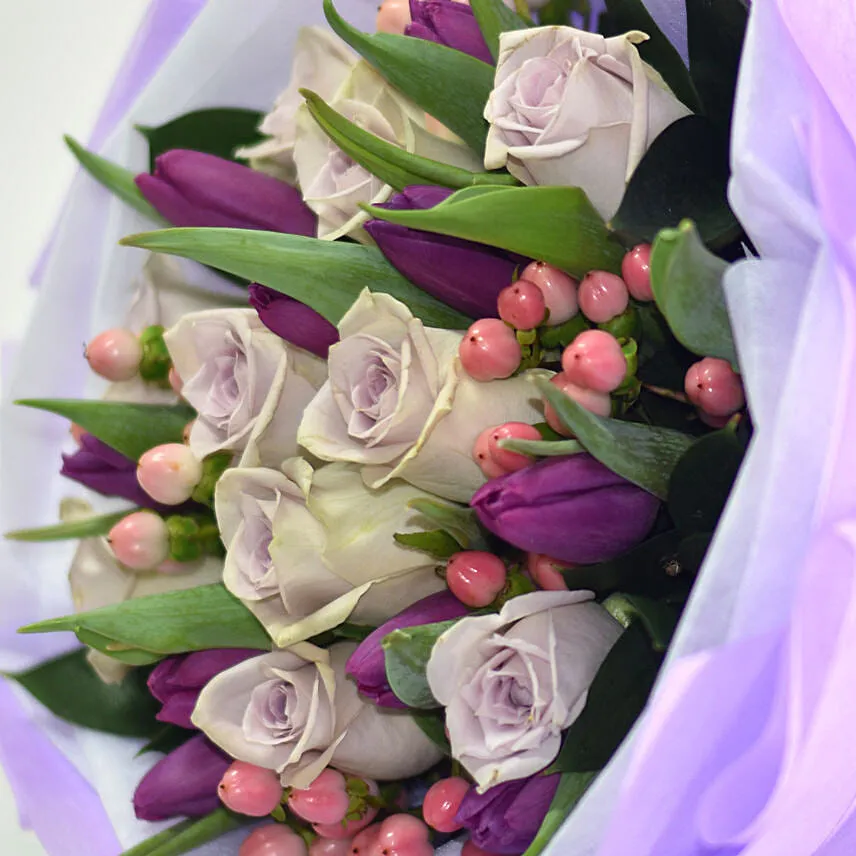 Tulips Roses Elegant Bouquet With Teddy Bear