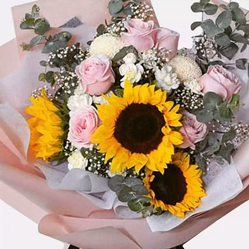 Bunch Of Sunrise Flowers With Ferrero Rocher