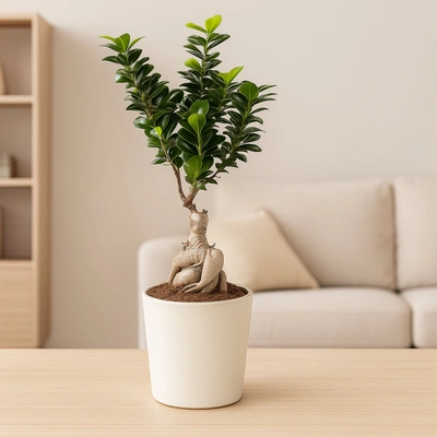 Elegant Ficus Bonsai Plant in Stylish Round Pot for Outdoor Spaces