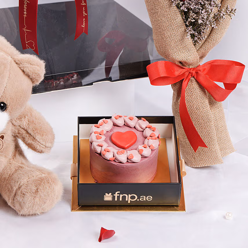 Valentines Teddy Cake and Forever Rose Box