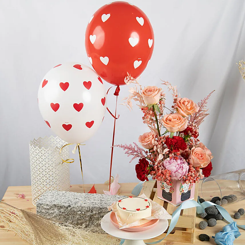Anniversary Love Flowers with Cake and Balloons
