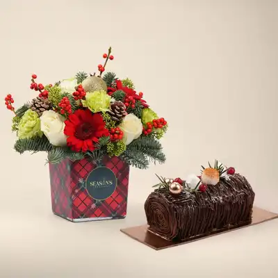 Christmas Flower Box with Chocolate Yule Log Cake Gift Set
