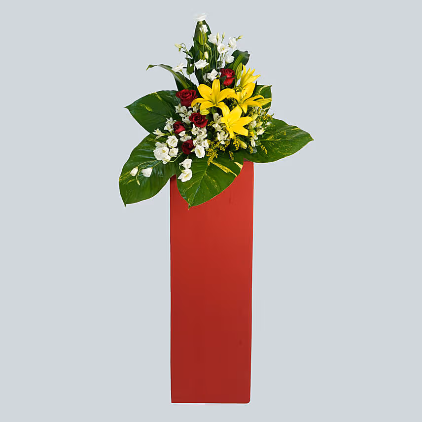 Magnificent Mixed Flowers Red Cardboard Stand
