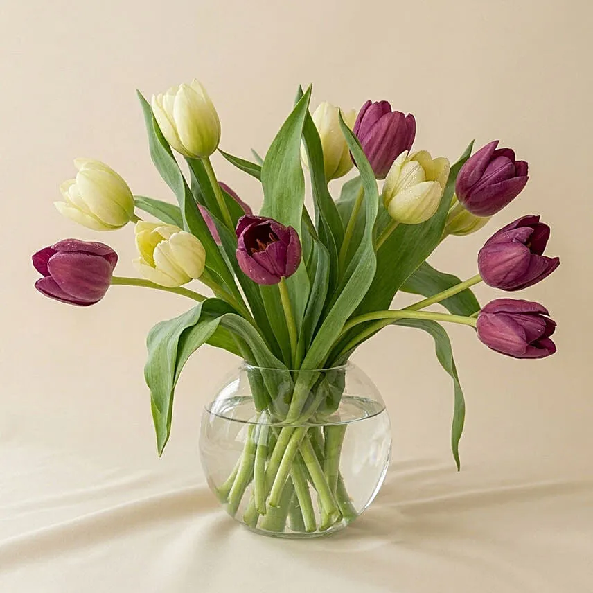 Beautiful Mixed Tulips Glass Vase