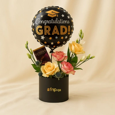 Elegant Graduation Rose Box with Godiva Chocolate and Balloon