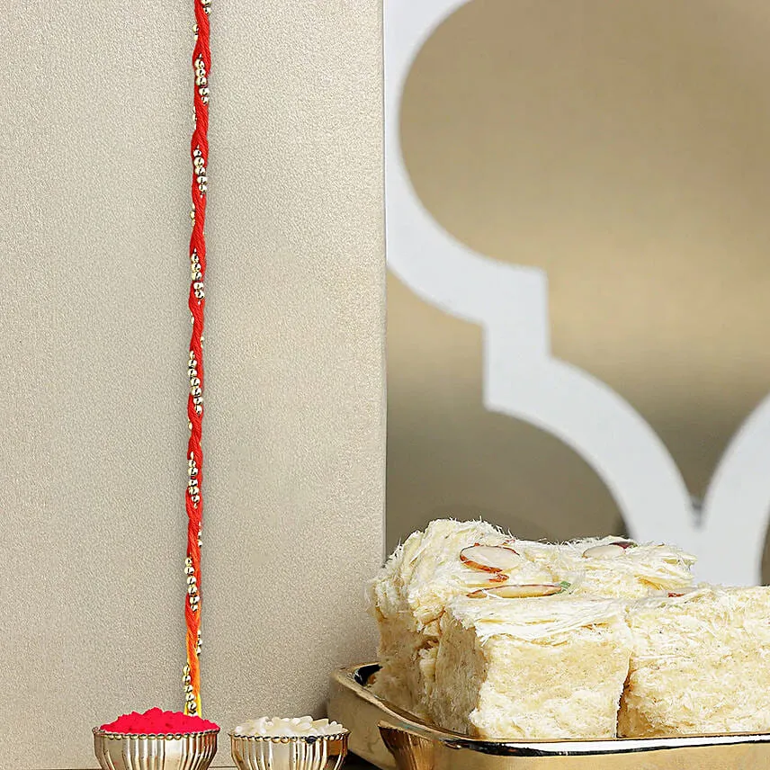 Sacred Bead Work Mauli Rakhi With Soan Papdi