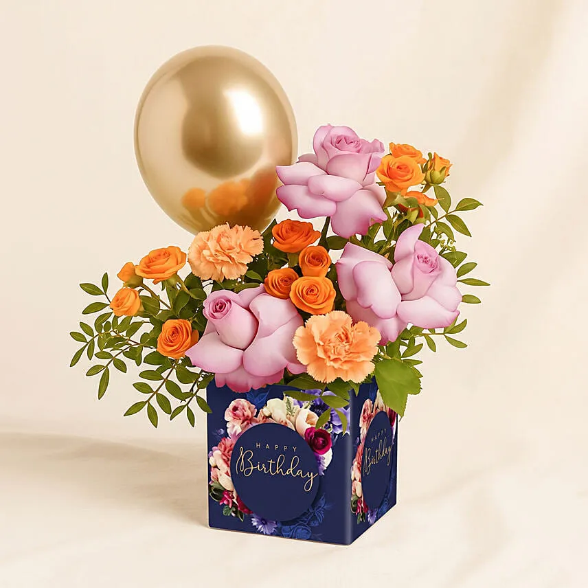 Birthday Flowers and Gold Balloons in Luxury Vase
