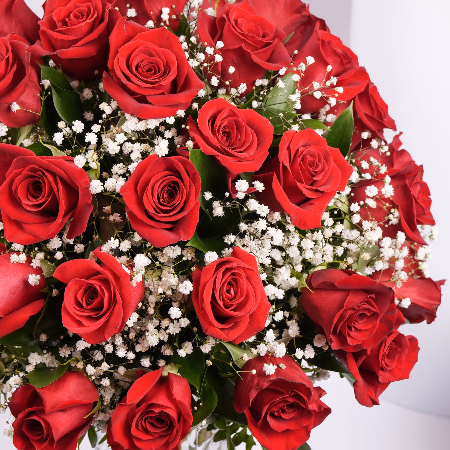 Luxurious Bouquet of 50 Scarlet Red Roses with Elegant Fillers in a Glass Vase