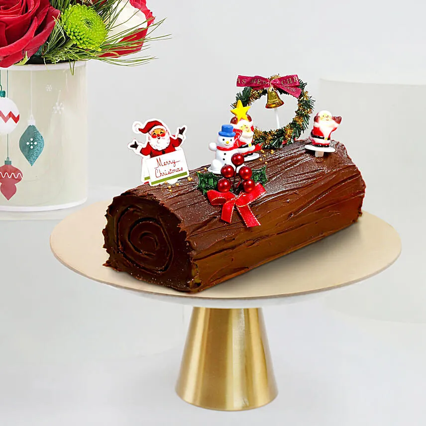 Seasons Greetings Flower Mug with Log Cake