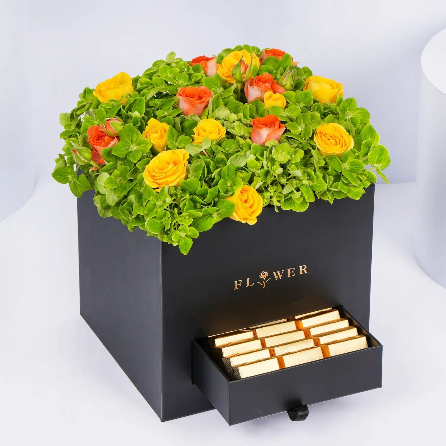 Green Hydrangea & Chocolate Arrangement Box