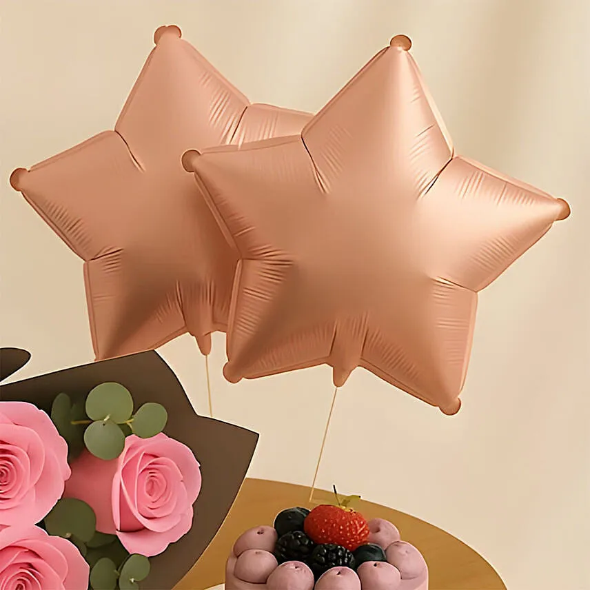 Roses Mini Cake and Star Balloons Bundle Gift