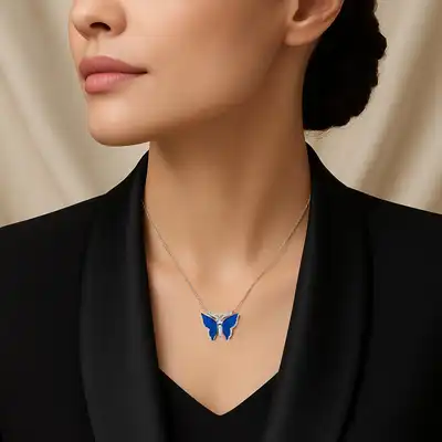 Elegant Blue Butterfly Dream Silver Necklace - SN309-P