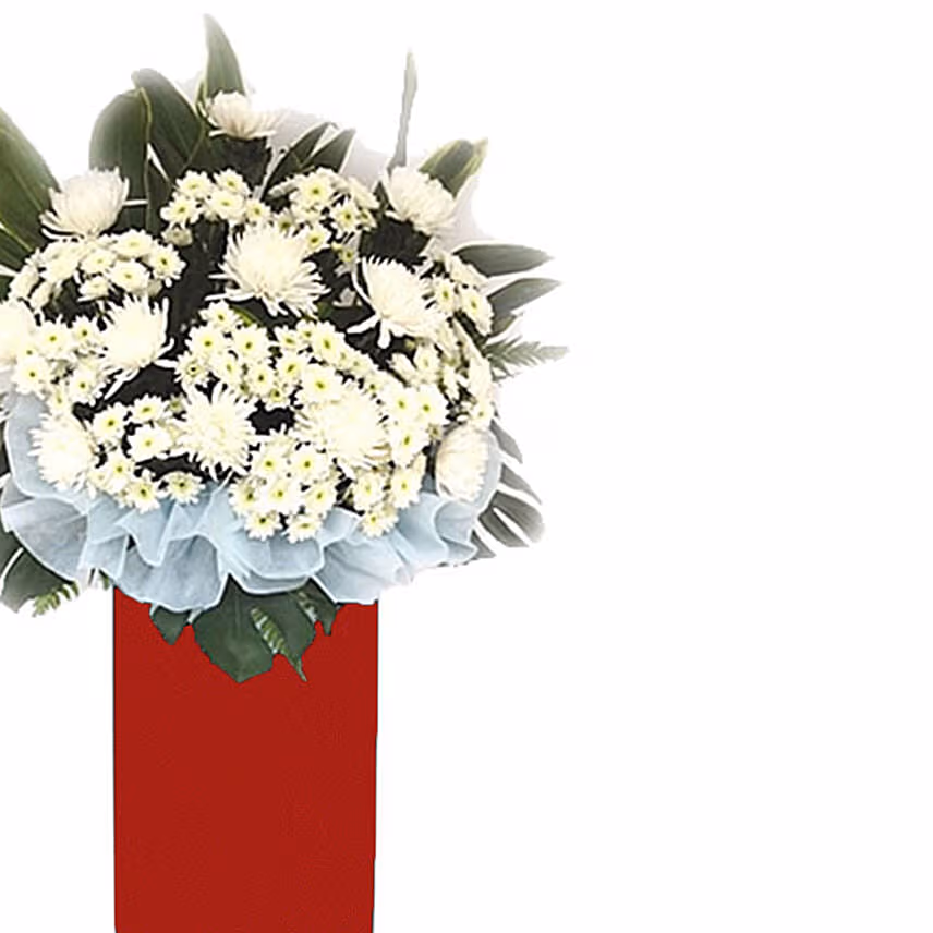 White Chrysanth White Pom Arrangement In Red Stand