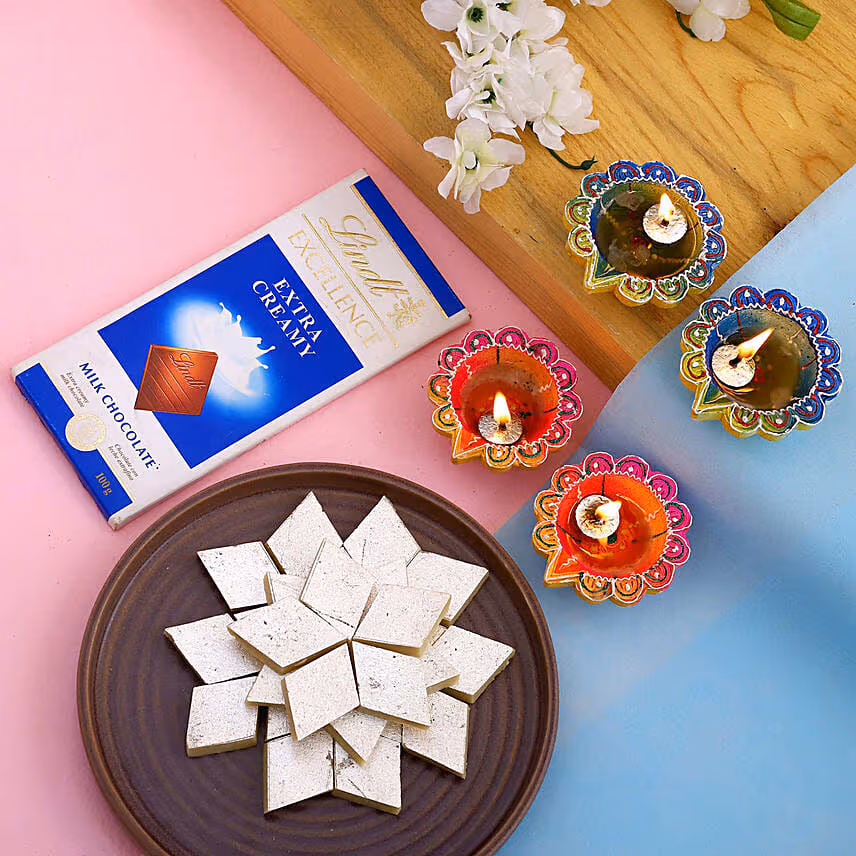Designer Deepavali Diyas With Lindt And Kaju Katli