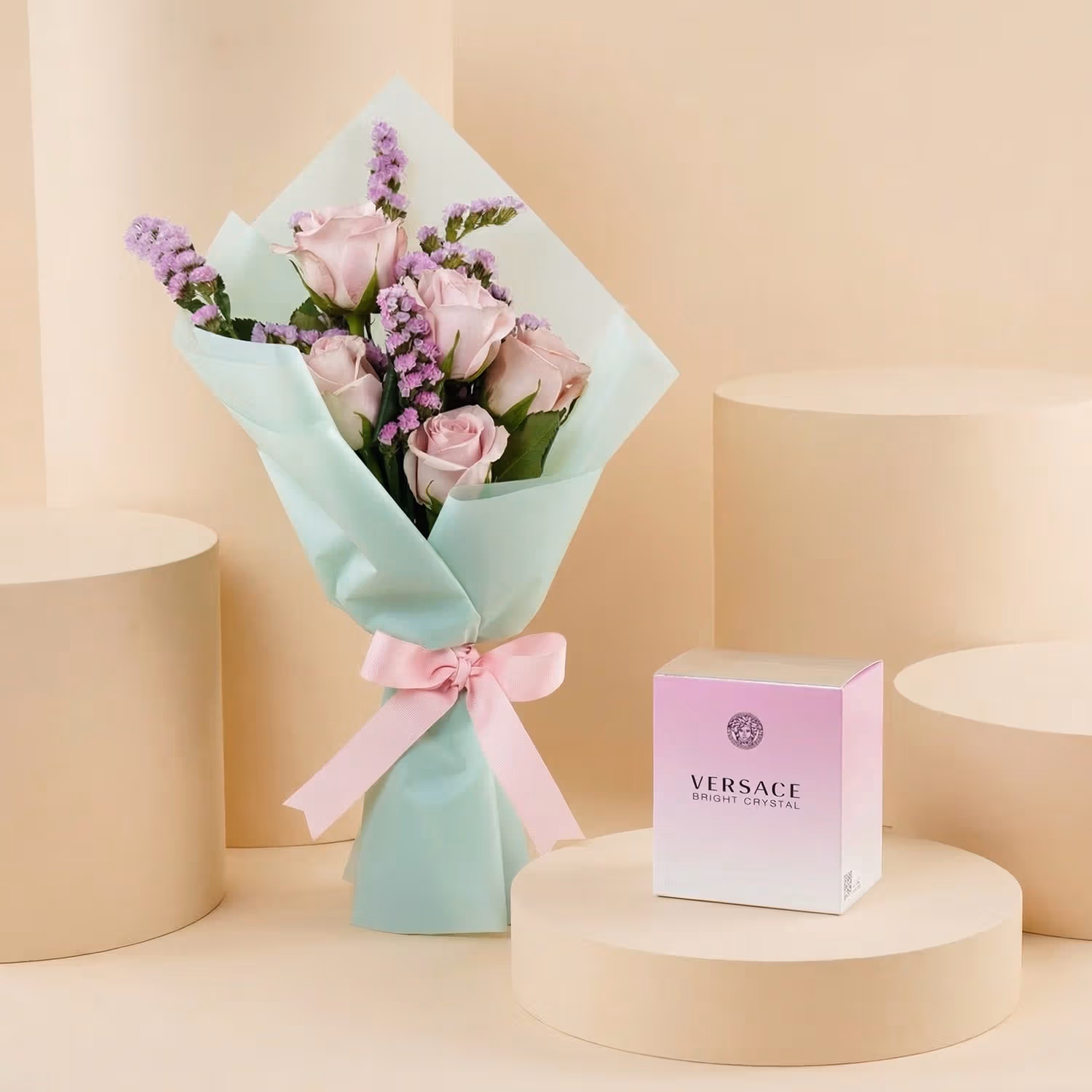 Rosy Love with Versace: Elegant Pink Rose Bouquet & Versace Bright Crystal Perfume