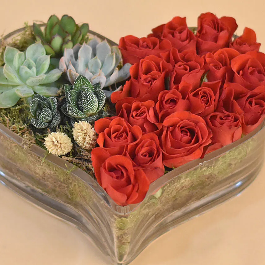 Red Roses & Succulents Heart Shaped Vase
