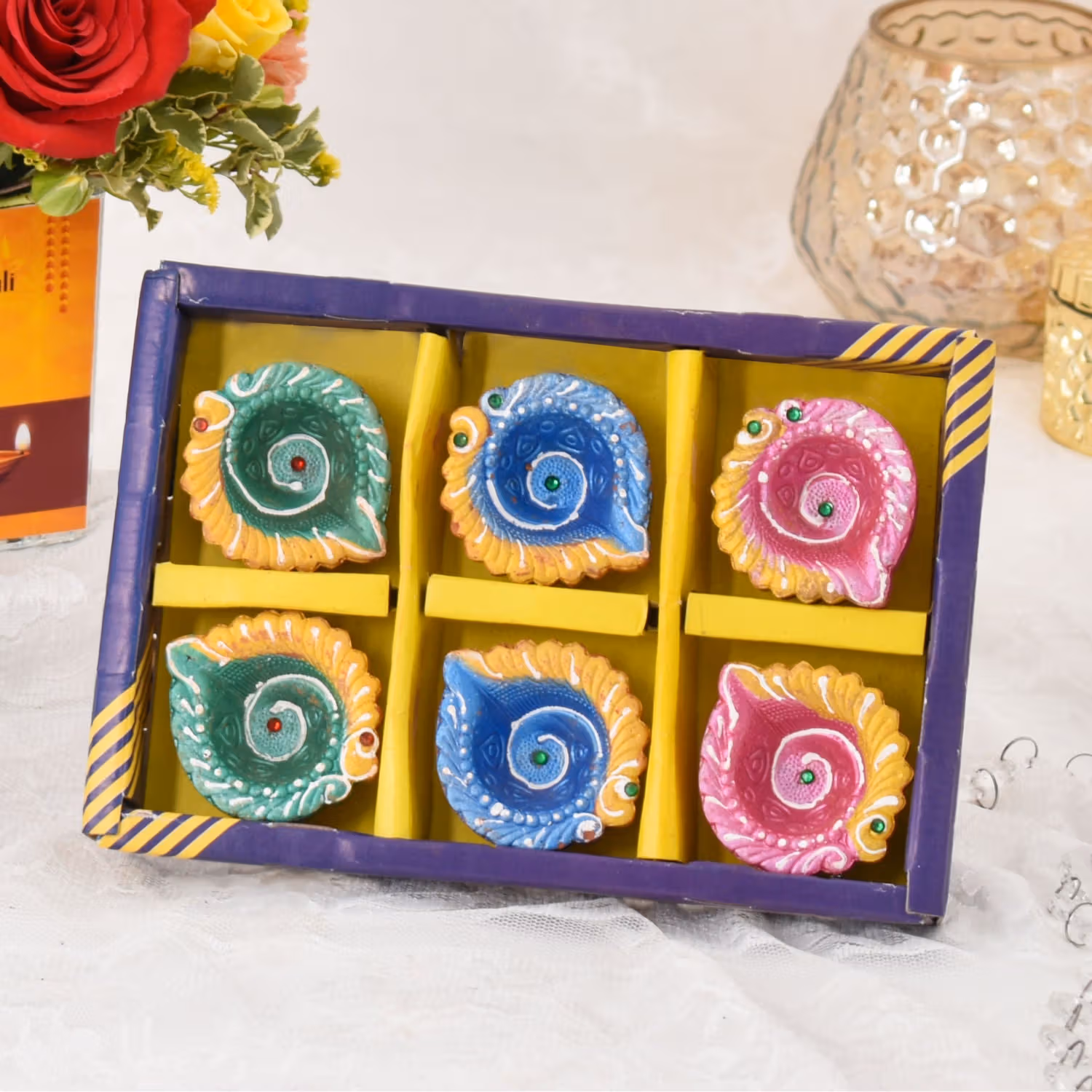 Sparks of Joy Diwali Flower Arrangement with Multicolor Diyas
