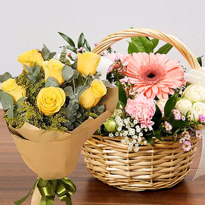 Gorgeous Flowers Basket With Yellow Roses Bouquet