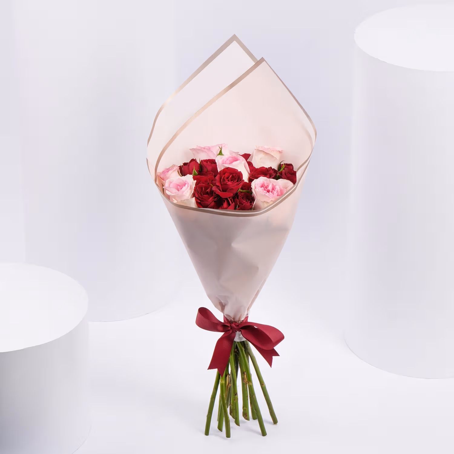 Moments in Bloom: Elegant Pink and Red Rose Bouquet - With Cake