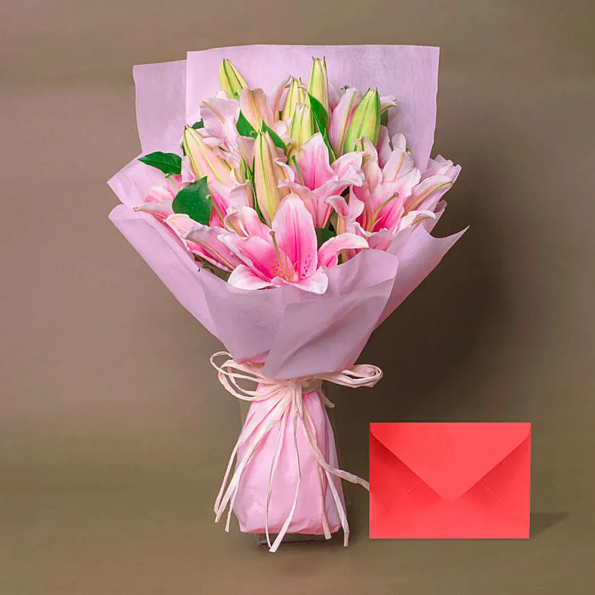 6 Passionate Oriental Pink Lilies with Greeting Card