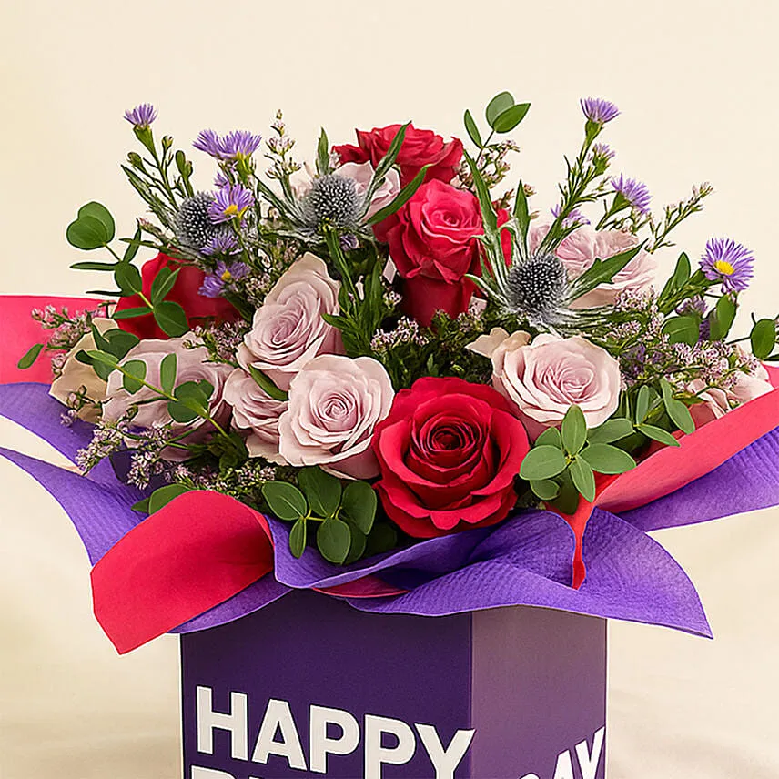 Mixed Flowers In Square Glass Vase