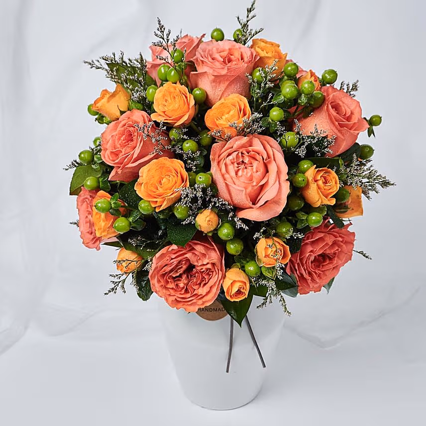 Exotic Flowers Ceramic Vase Arrangement With Cake