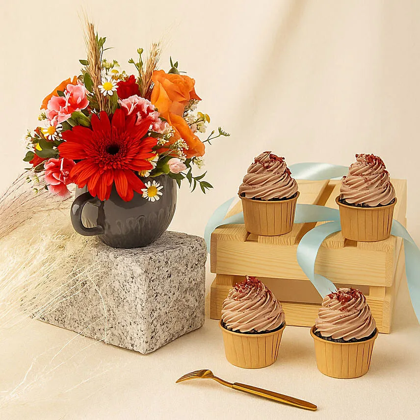 Flowers arrangment and Chocolate Cupcakes