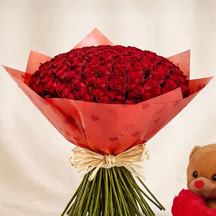 75 Dark Pink Roses Valentine's Bouquet with Teddy Bear