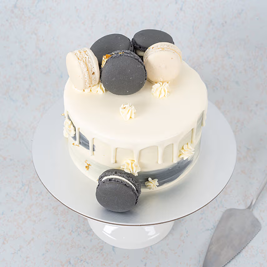 Grey and White Macarons Strawberry Cake 8 inch