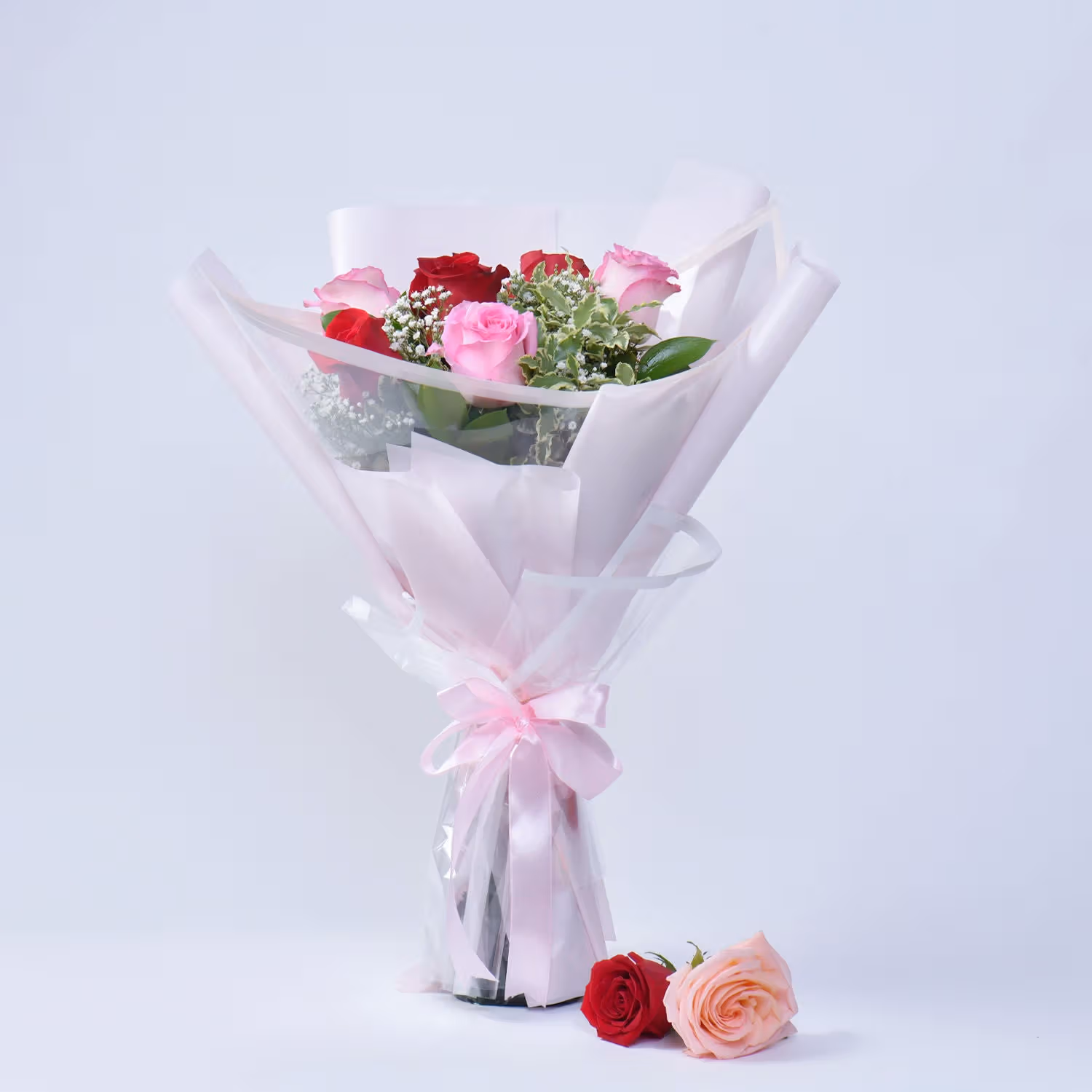 Sweetheart's Delight: Elegant Pink & Red Rose Bouquet with Decadent Chocolate Hazelnut Cake