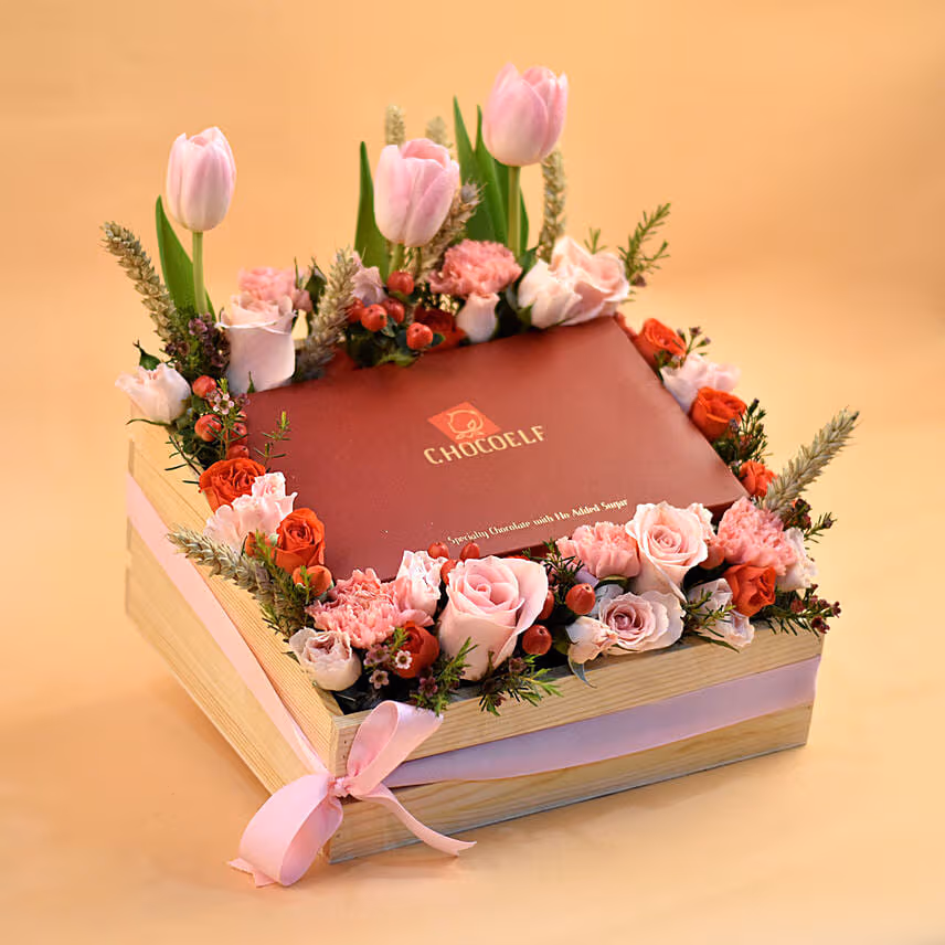 Exotic Flowers & Chocolates Wooden Crate