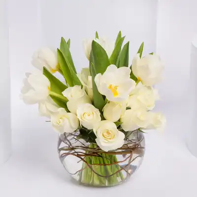Elegant White Rose and Tulip Floral Arrangement in Glass Bowl