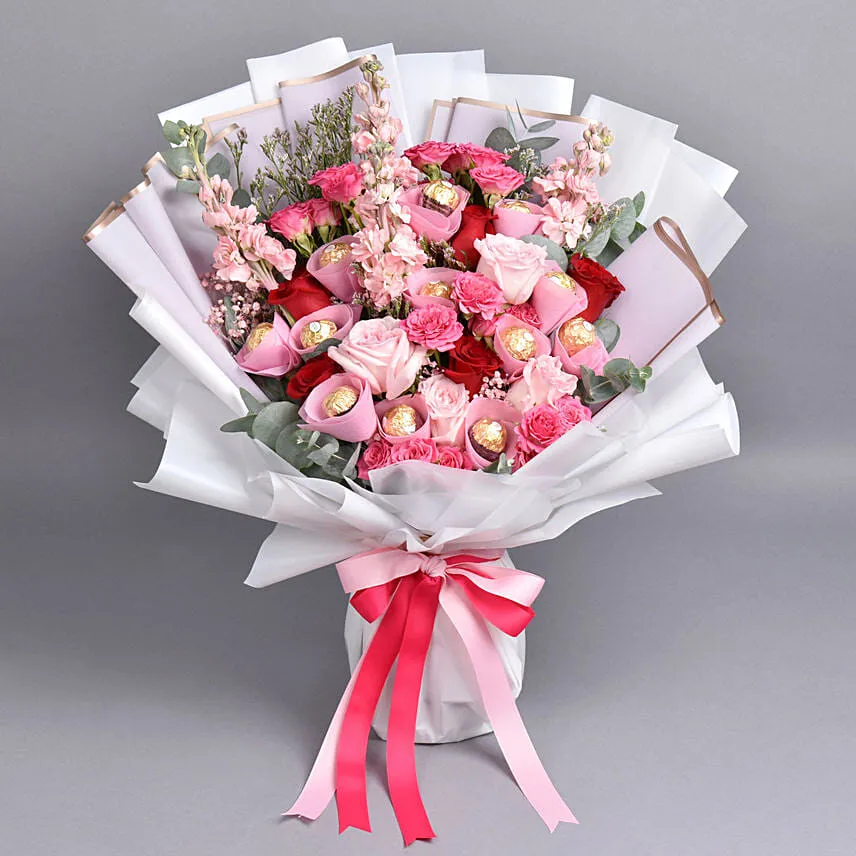 Pink Petals and Chocolates Bouquet for Valentine