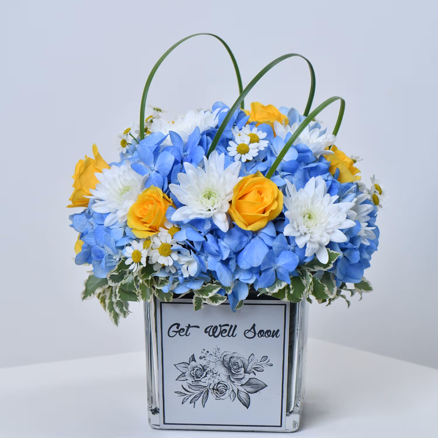 Get Well Soon Bouquet: Hydrangea and Yellow Roses Arrangement