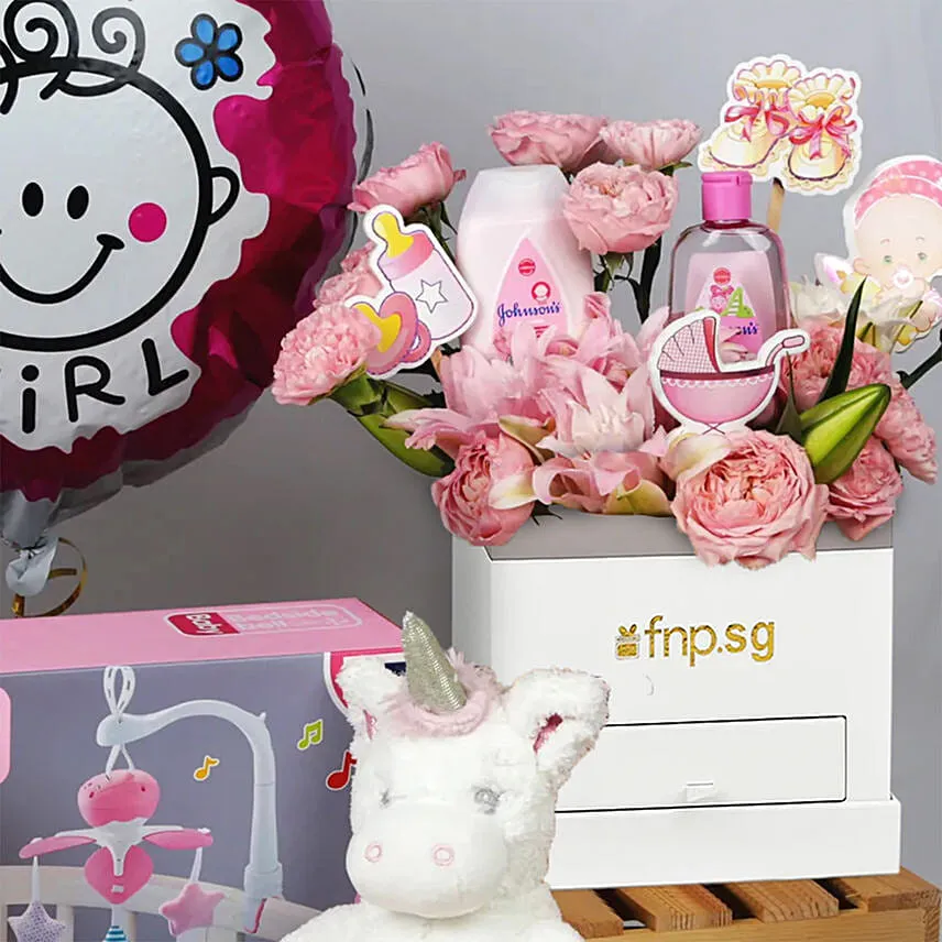 Its a Baby Girl Flower box giftset and Balloon