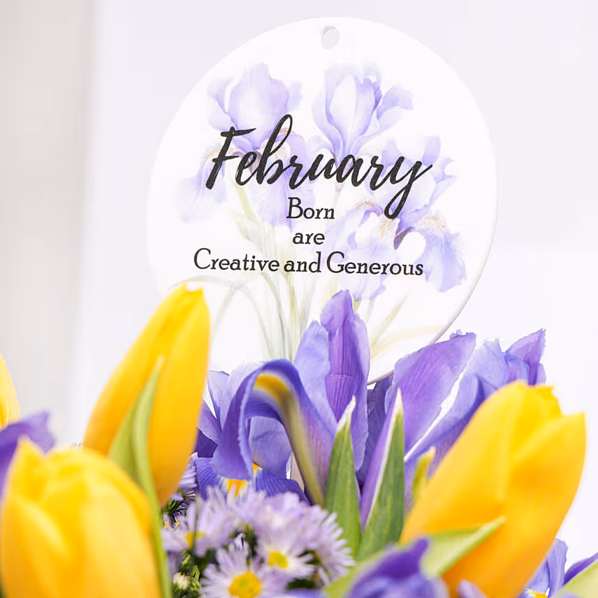Feb Birthday Flower Iris & Tulips with Rocher