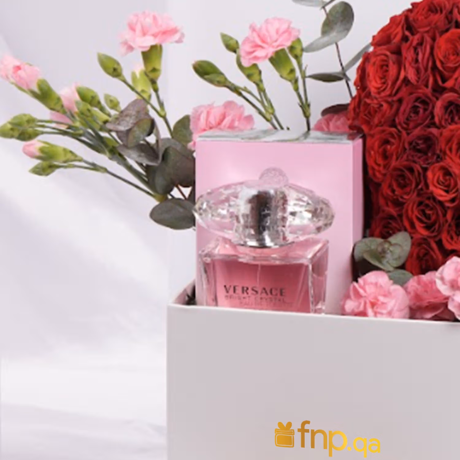 Enchanting Heart of Roses with Versace Bright Crystal and Chocolates
