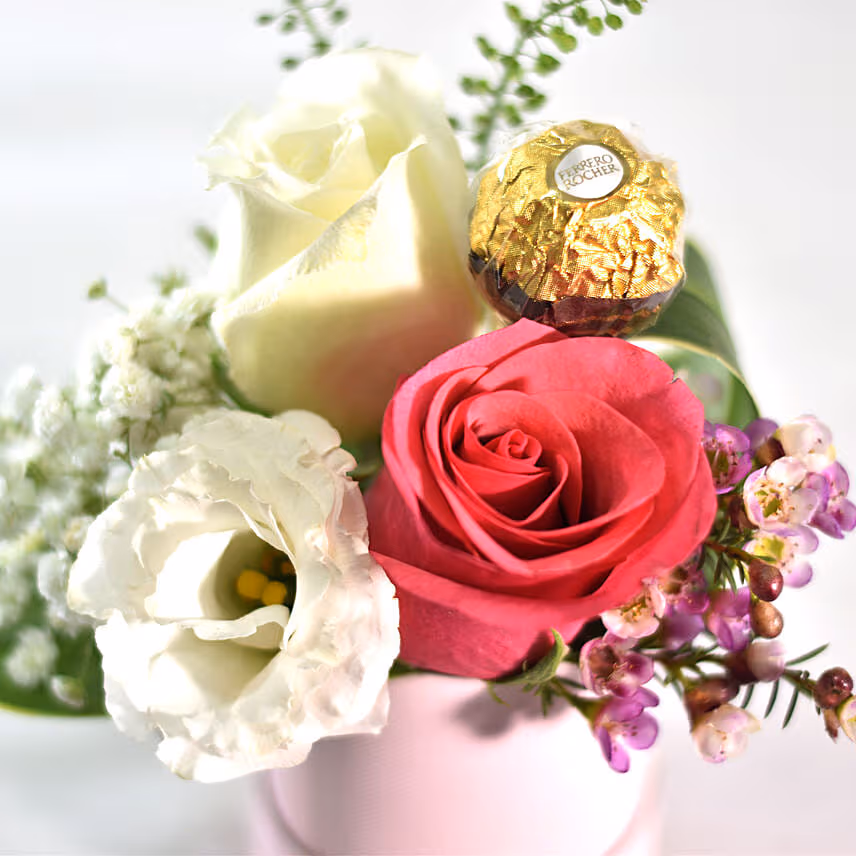 Pink Roses Box With Rocher & Birthday Balloon