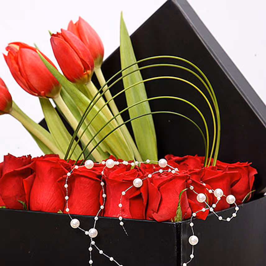 Stylish Box Of Chocolates and Red Flowers