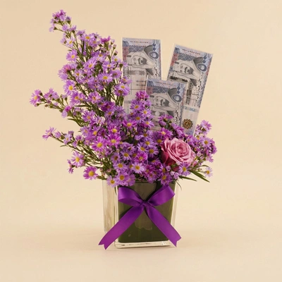 Purple Elegance Vase with Stylish Cash Arrangement