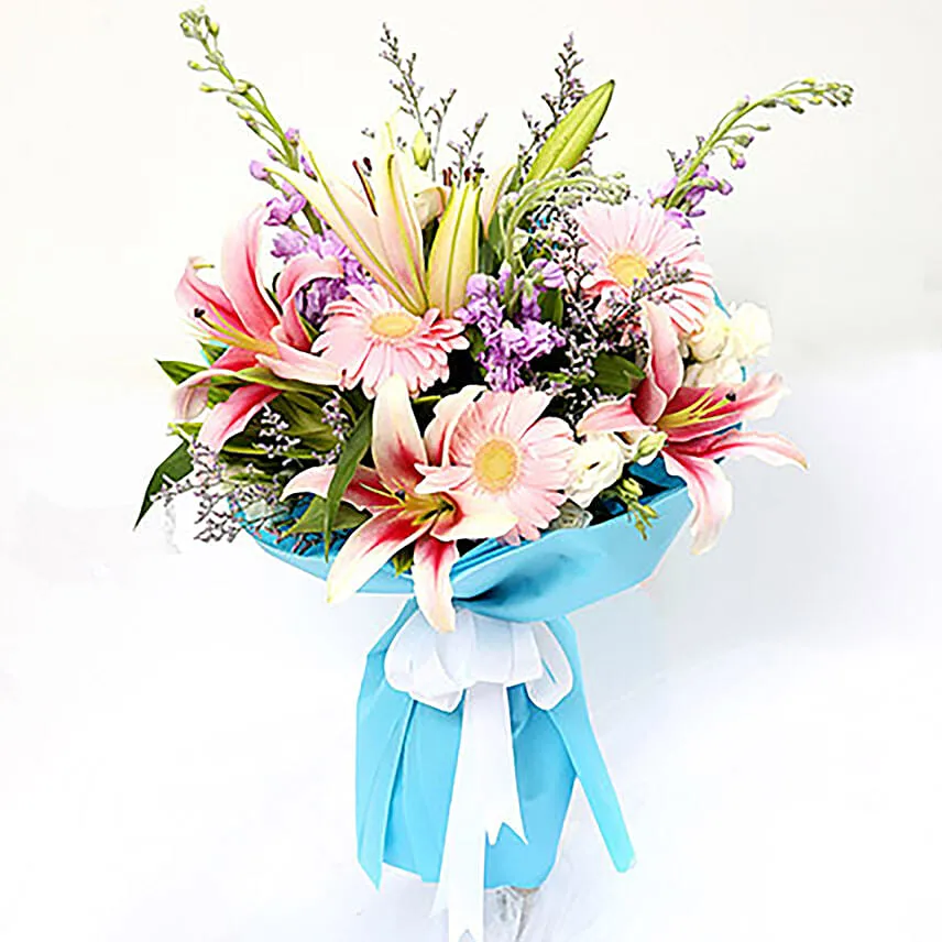 Attractive Gerberas And Lavender Flower Bouquet with Greeting Card