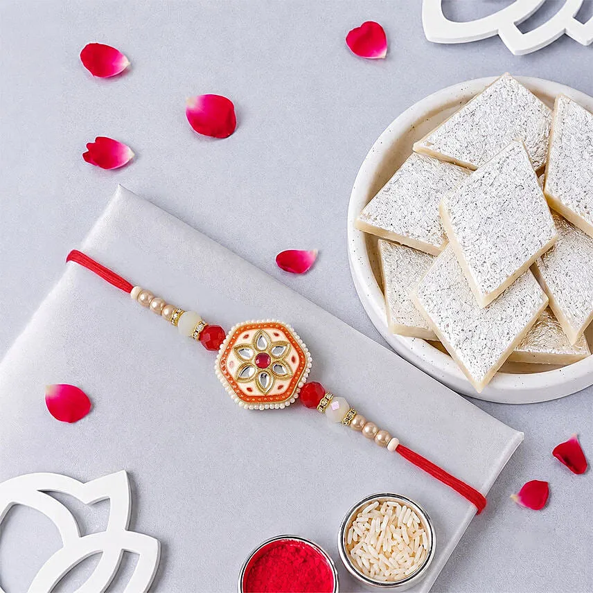 Sneh Ethinic Red Meenakari Rakhi with Kaju Katli