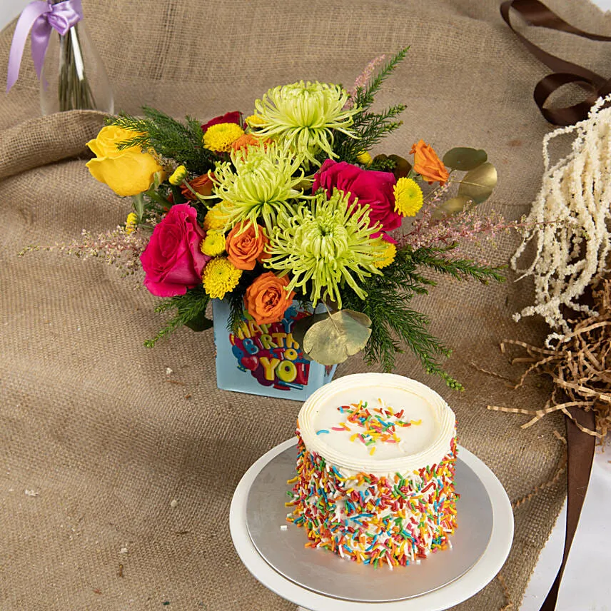 Estatic Birthday Flowers Vase and Cake Bundle