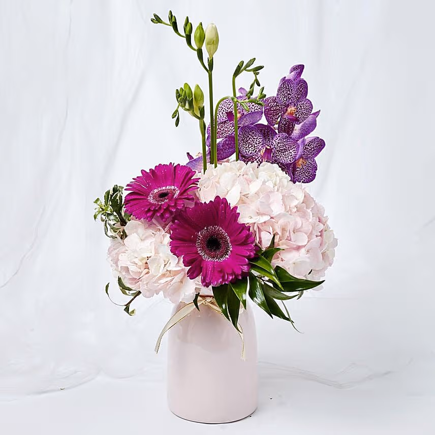 Serene Mixed Flowers Vase Arrangement With Cake