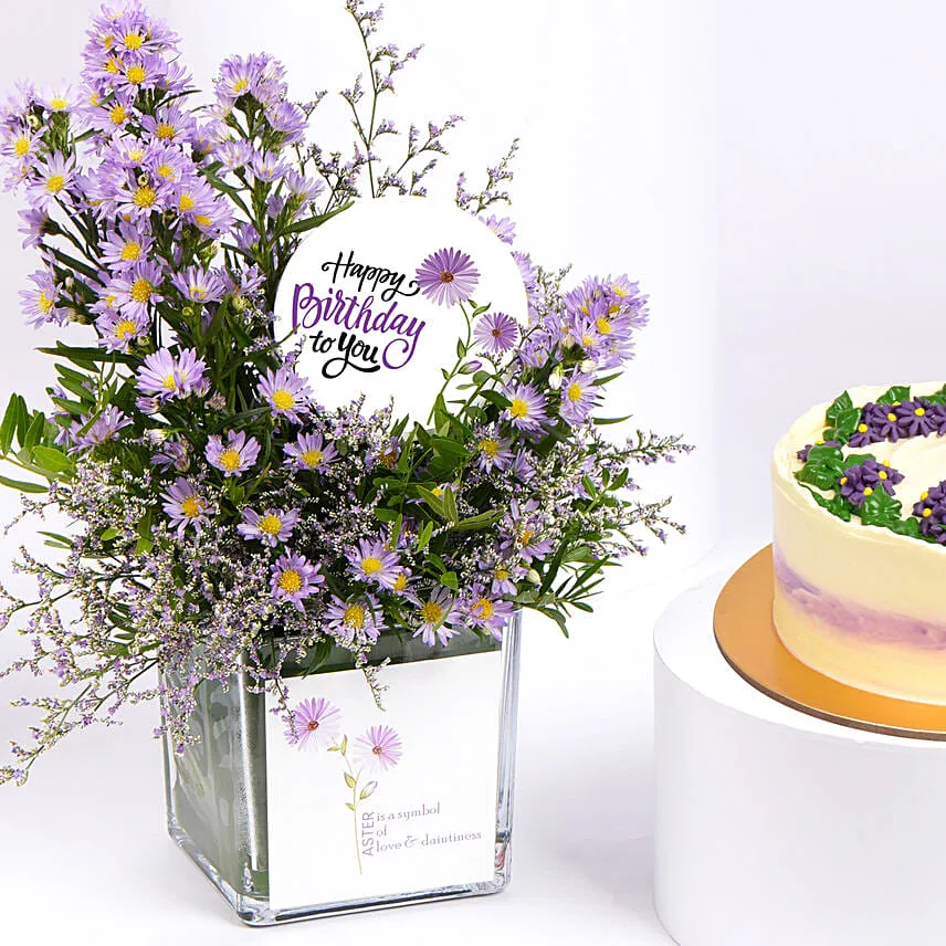 Aster Birthday Flowers Vase with Cake