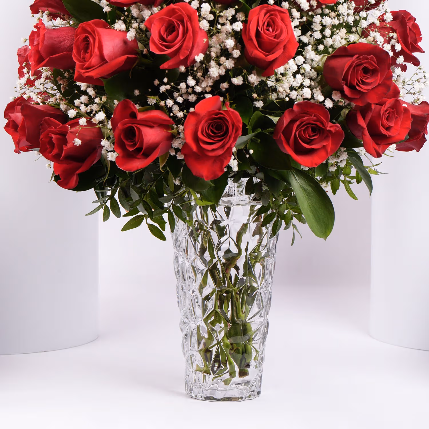 Luxurious Bouquet of 50 Scarlet Red Roses with Elegant Fillers in a Glass Vase