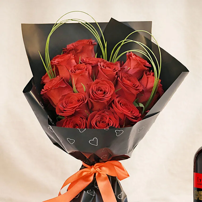 15 Red Roses Bouquet for Valentines with Wine