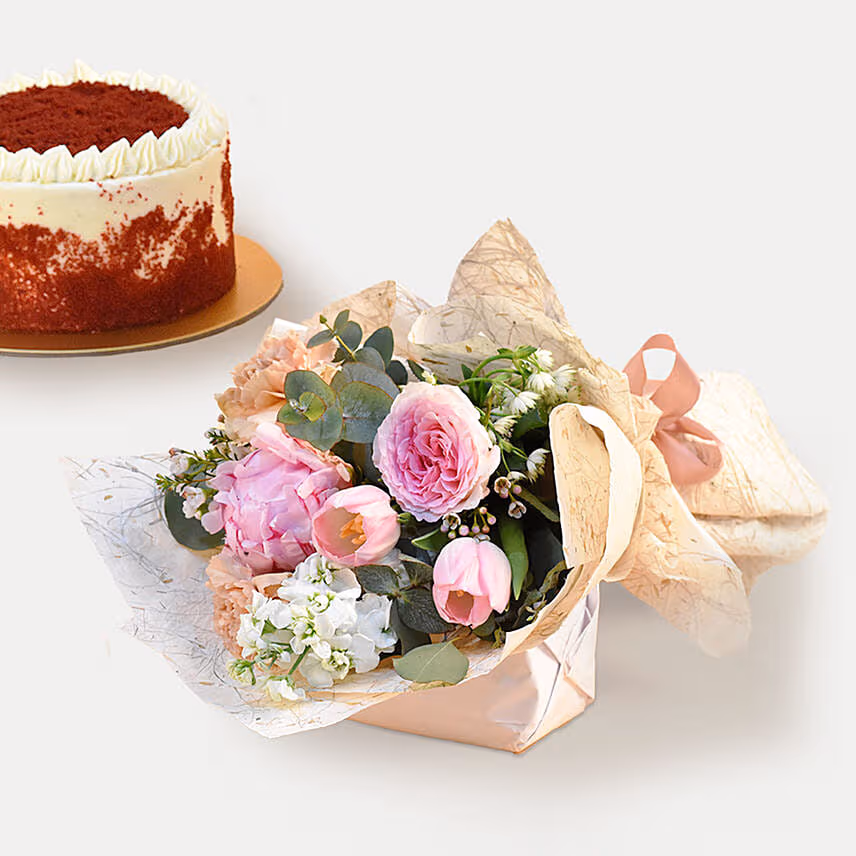 Beautiful Mixed Flowers Bouquet & Red Velvet Cake